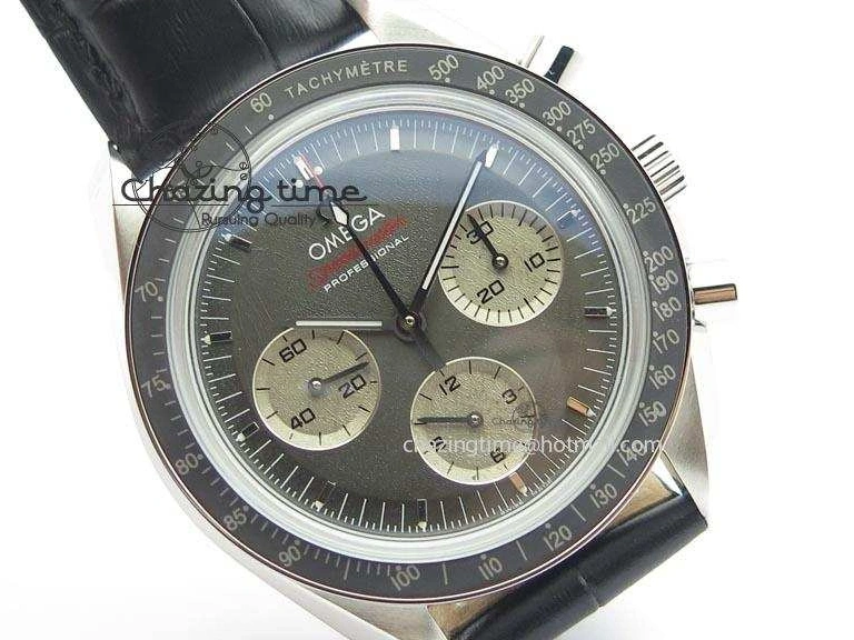0322 Minimalist Speedmaster Apollo XVII Gray Dial On Black Leather Strap Manual Winding Chrono Movement 8222